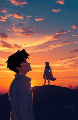 A romantic scene depicting two individuals at a picturesque sunset, sharing heartfelt moments while looking at the same beautiful girl standing on a hill