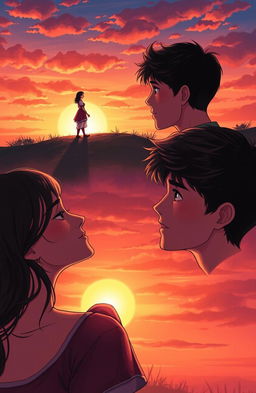 A romantic scene depicting two individuals at a picturesque sunset, sharing heartfelt moments while looking at the same beautiful girl standing on a hill