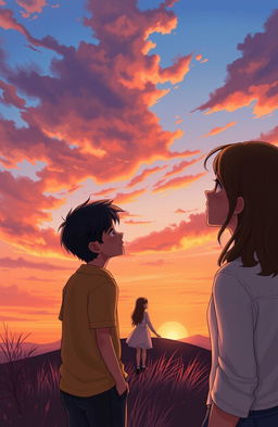 A romantic scene depicting two individuals at a picturesque sunset, sharing heartfelt moments while looking at the same beautiful girl standing on a hill