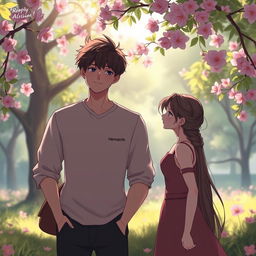 A romantic scene capturing the essence of unexpected love, featuring two characters standing in a serene park