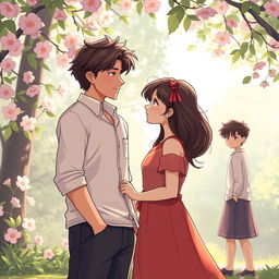 A romantic scene capturing the essence of unexpected love, featuring two characters standing in a serene park