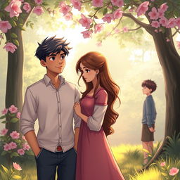 A romantic scene capturing the essence of unexpected love, featuring two characters standing in a serene park