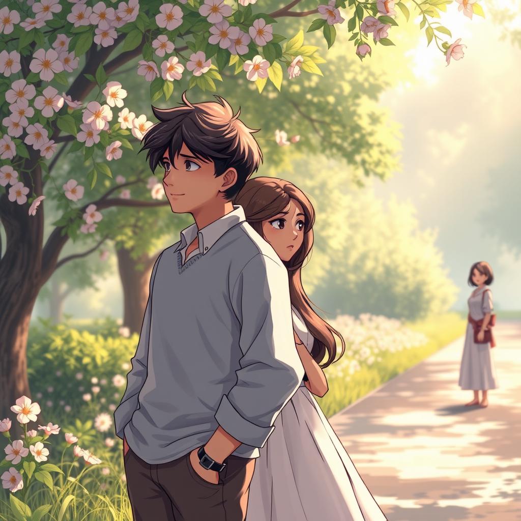 A romantic scene capturing the essence of unexpected love, featuring two characters standing in a serene park