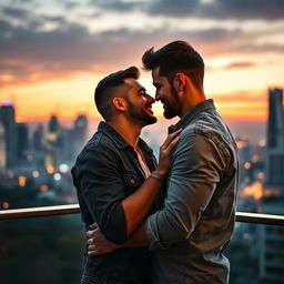 A visually stunning and intimate depiction of a passionate gay couple in a modern urban setting, showcasing their love and connection