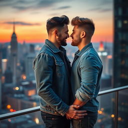 A visually stunning and intimate depiction of a passionate gay couple in a modern urban setting, showcasing their love and connection