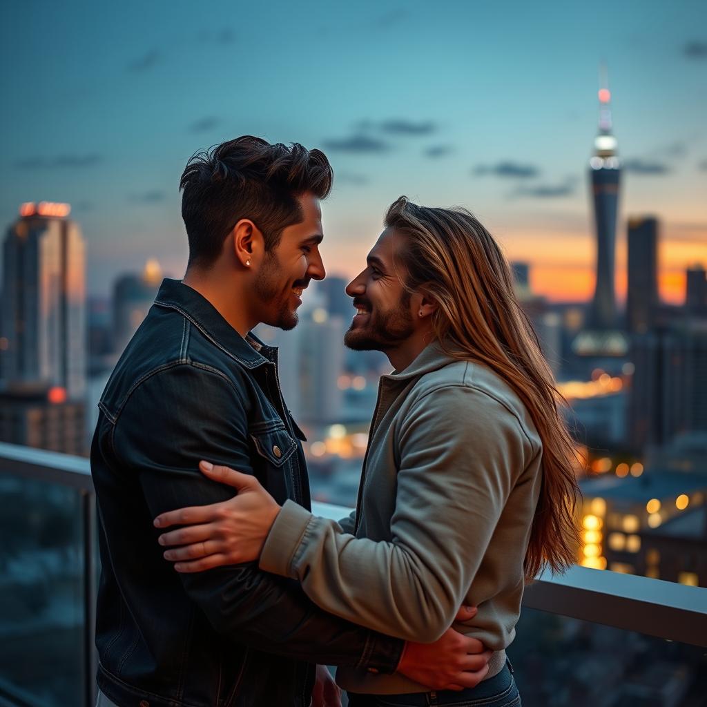 A visually stunning and intimate depiction of a passionate gay couple in a modern urban setting, showcasing their love and connection