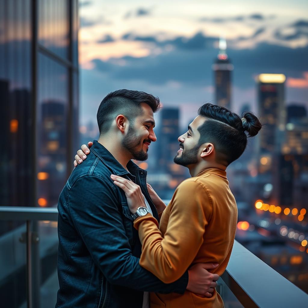 A visually stunning and intimate depiction of a passionate gay couple in a modern urban setting, showcasing their love and connection