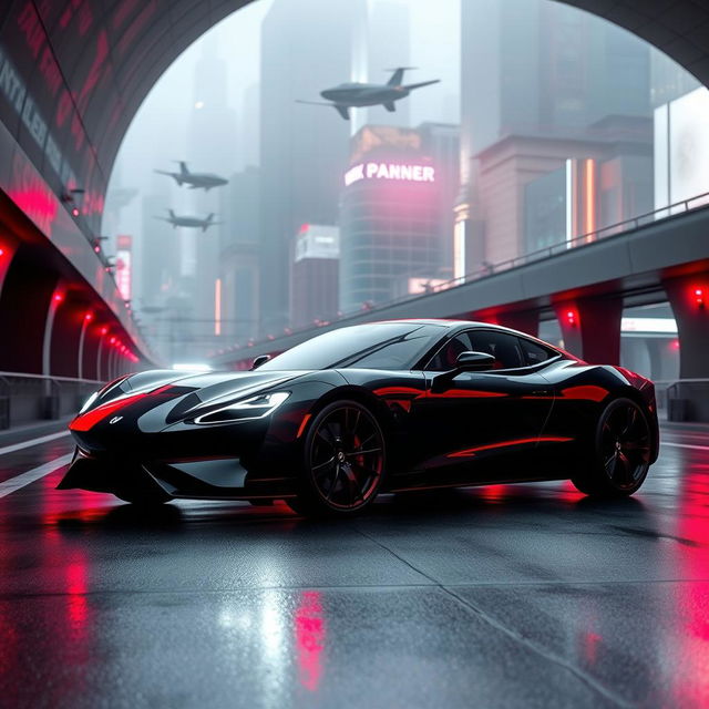 A sleek black sports car navigates a dimly lit, modern tunnel, reflecting vivid red highlights on the road surface