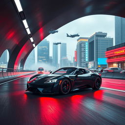 A sleek black sports car navigates a dimly lit, modern tunnel, reflecting vivid red highlights on the road surface