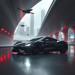 A sleek black sports car navigates a dimly lit, modern tunnel, reflecting vivid red highlights on the road surface