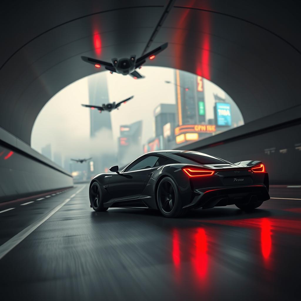 A sleek black sports car navigates a dimly lit, modern tunnel, reflecting vivid red highlights on the road surface