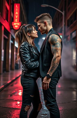 A cool girl and a bad boy standing close to each other, their gazes locked in a passionate stare that conveys a deep connection filled with love and lust