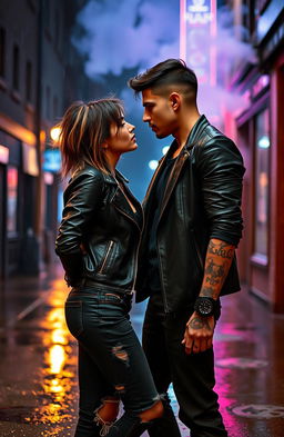 A cool girl and a bad boy standing close to each other, their gazes locked in a passionate stare that conveys a deep connection filled with love and lust