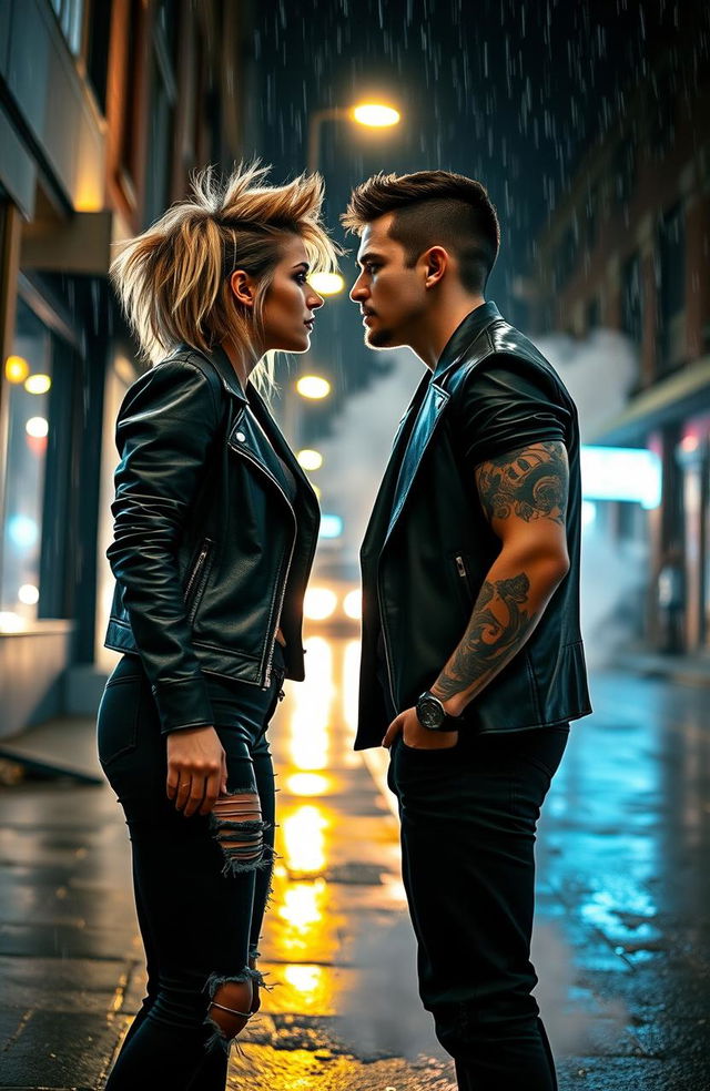 A cool girl and a bad boy standing close to each other, their gazes locked in a passionate stare that conveys a deep connection filled with love and lust