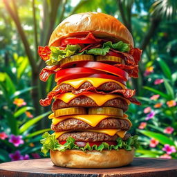 A towering, vibrant burger stacked high with layers of colorful toppings including fresh lettuce, ripe tomatoes, juicy pickles, crispy bacon, cheese, and a perfectly cooked patty