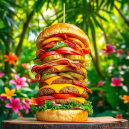 A towering, vibrant burger stacked high with layers of colorful toppings including fresh lettuce, ripe tomatoes, juicy pickles, crispy bacon, cheese, and a perfectly cooked patty