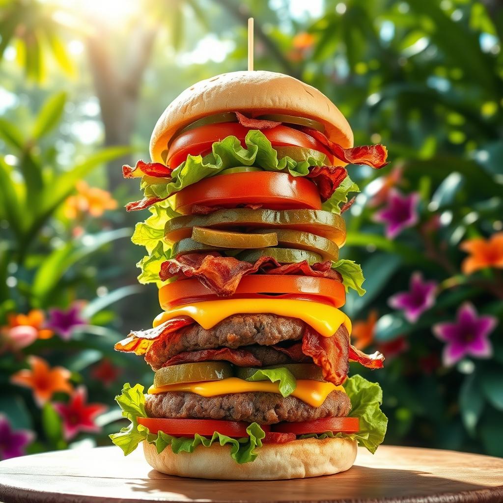 A towering, vibrant burger stacked high with layers of colorful toppings including fresh lettuce, ripe tomatoes, juicy pickles, crispy bacon, cheese, and a perfectly cooked patty