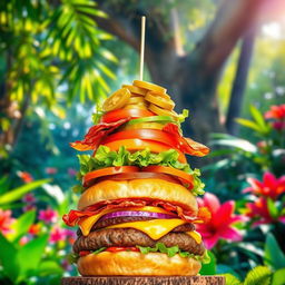 A towering, vibrant burger stacked high with layers of colorful toppings including fresh lettuce, ripe tomatoes, juicy pickles, crispy bacon, cheese, and a perfectly cooked patty