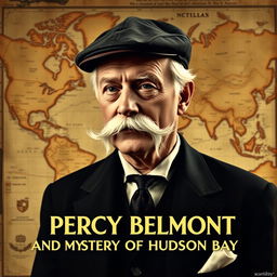 A vintage movie poster titled "Percy Belmont and the Mystery of Hudson Bay" featuring a 52-year-old Scottish man with a bushy white mustache and pronounced white sideburns