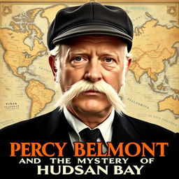 A vintage movie poster titled "Percy Belmont and the Mystery of Hudson Bay" featuring a 52-year-old Scottish man with a bushy white mustache and pronounced white sideburns