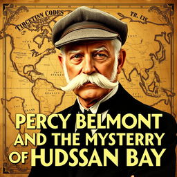 A vintage movie poster titled "Percy Belmont and the Mystery of Hudson Bay" featuring a 52-year-old Scottish man with a bushy white mustache and pronounced white sideburns