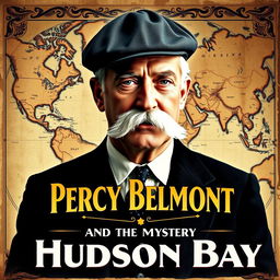 A vintage movie poster titled "Percy Belmont and the Mystery of Hudson Bay" featuring a 52-year-old Scottish man with a bushy white mustache and pronounced white sideburns