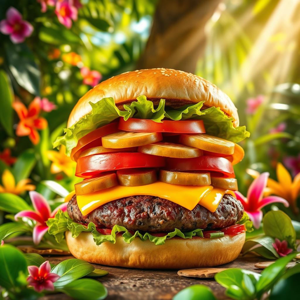 A vibrant burger loaded with an array of delicious toppings such as fresh lettuce, sliced tomatoes, crunchy pickles, mouthwatering cheese, and a perfectly cooked beef patty