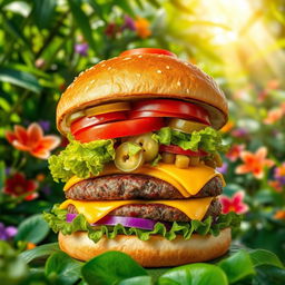 A vibrant burger loaded with an array of delicious toppings such as fresh lettuce, sliced tomatoes, crunchy pickles, mouthwatering cheese, and a perfectly cooked beef patty