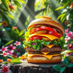 A vibrant burger loaded with an array of delicious toppings such as fresh lettuce, sliced tomatoes, crunchy pickles, mouthwatering cheese, and a perfectly cooked beef patty