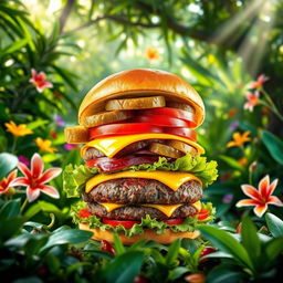 A vibrant burger loaded with an array of delicious toppings such as fresh lettuce, sliced tomatoes, crunchy pickles, mouthwatering cheese, and a perfectly cooked beef patty