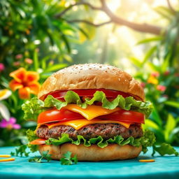 A vibrant burger featuring a perfectly toasted bun, juicy beef patty, and an assortment of fresh toppings, including crisp lettuce, juicy tomatoes, and melted cheese