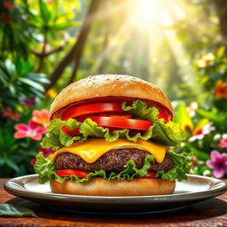 A vibrant burger featuring a perfectly toasted bun, juicy beef patty, and an assortment of fresh toppings, including crisp lettuce, juicy tomatoes, and melted cheese