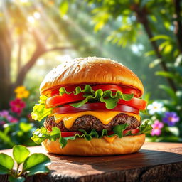 A vibrant burger featuring a perfectly toasted bun, juicy beef patty, and an assortment of fresh toppings, including crisp lettuce, juicy tomatoes, and melted cheese