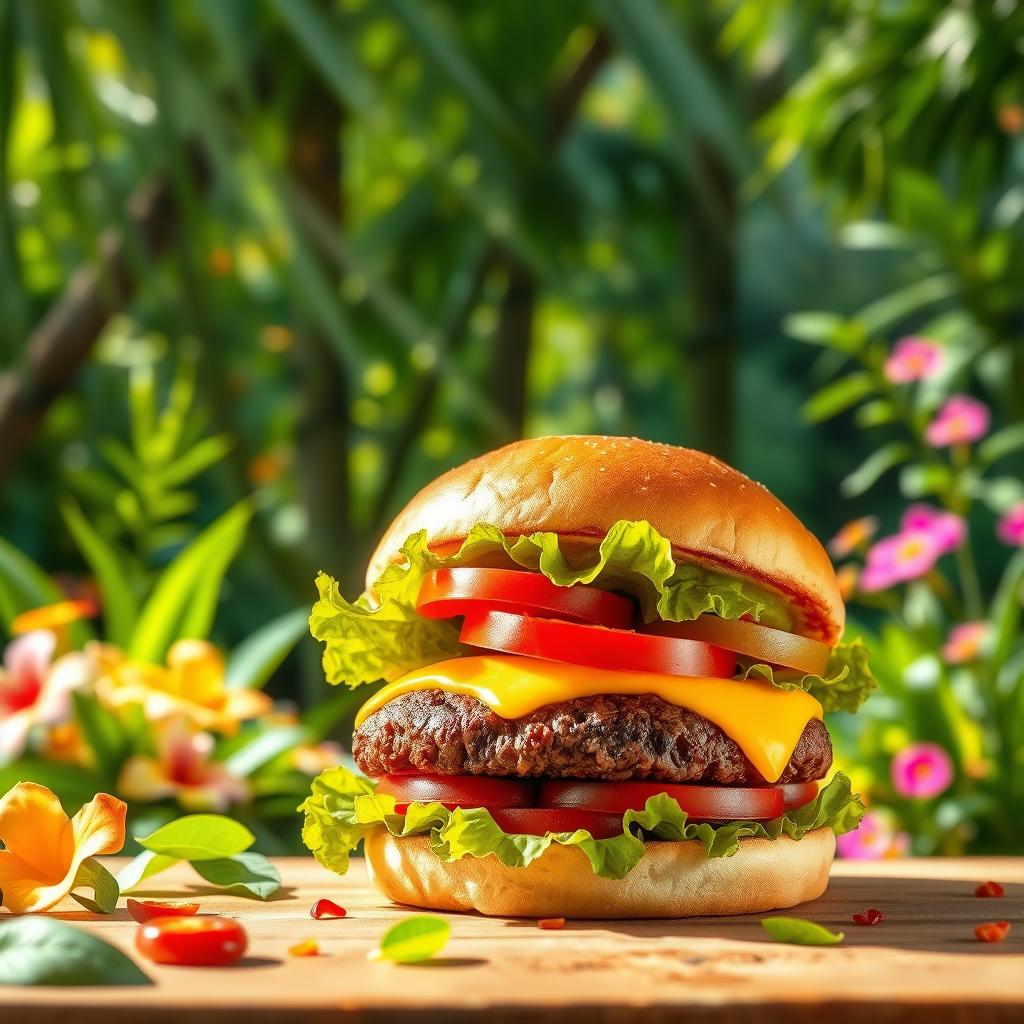 A vibrant burger featuring a perfectly toasted bun, juicy beef patty, and an assortment of fresh toppings, including crisp lettuce, juicy tomatoes, and melted cheese