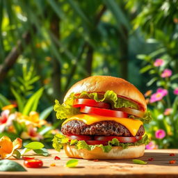 A vibrant burger featuring a perfectly toasted bun, juicy beef patty, and an assortment of fresh toppings, including crisp lettuce, juicy tomatoes, and melted cheese