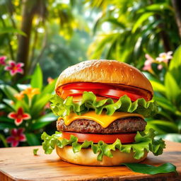 A vibrant burger featuring a toasted bun, juicy beef patty, melted cheese, fresh lettuce, and slices of ripe tomato, all arranged enticingly