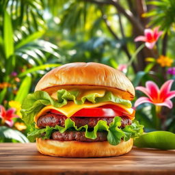 A vibrant burger featuring a toasted bun, juicy beef patty, melted cheese, fresh lettuce, and slices of ripe tomato, all arranged enticingly