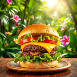 A vibrant burger featuring a toasted bun, juicy beef patty, melted cheese, fresh lettuce, and slices of ripe tomato, all arranged enticingly