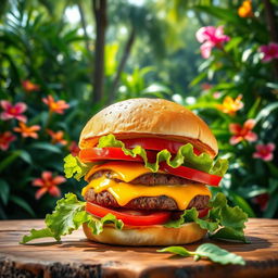 A vibrant burger featuring a toasted bun, juicy beef patty, melted cheese, fresh lettuce, and slices of ripe tomato, all arranged enticingly