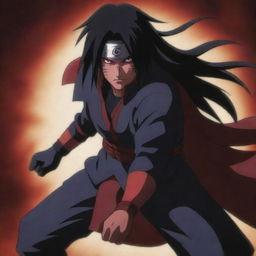 An intense image of Uchiha Madara from the anime series Naruto, in his battle-ready stance. He has his Sharingan eyes activated, hair flowing wildly, and wearing his traditional shinobi armor.