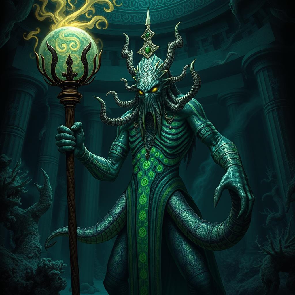 A sinister Fhenimore Kraken priest, an imposing figure with tentacle-like limbs, stands in a dark, foreboding underwater temple