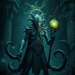 A sinister Fhenimore Kraken priest, an imposing figure with tentacle-like limbs, stands in a dark, foreboding underwater temple