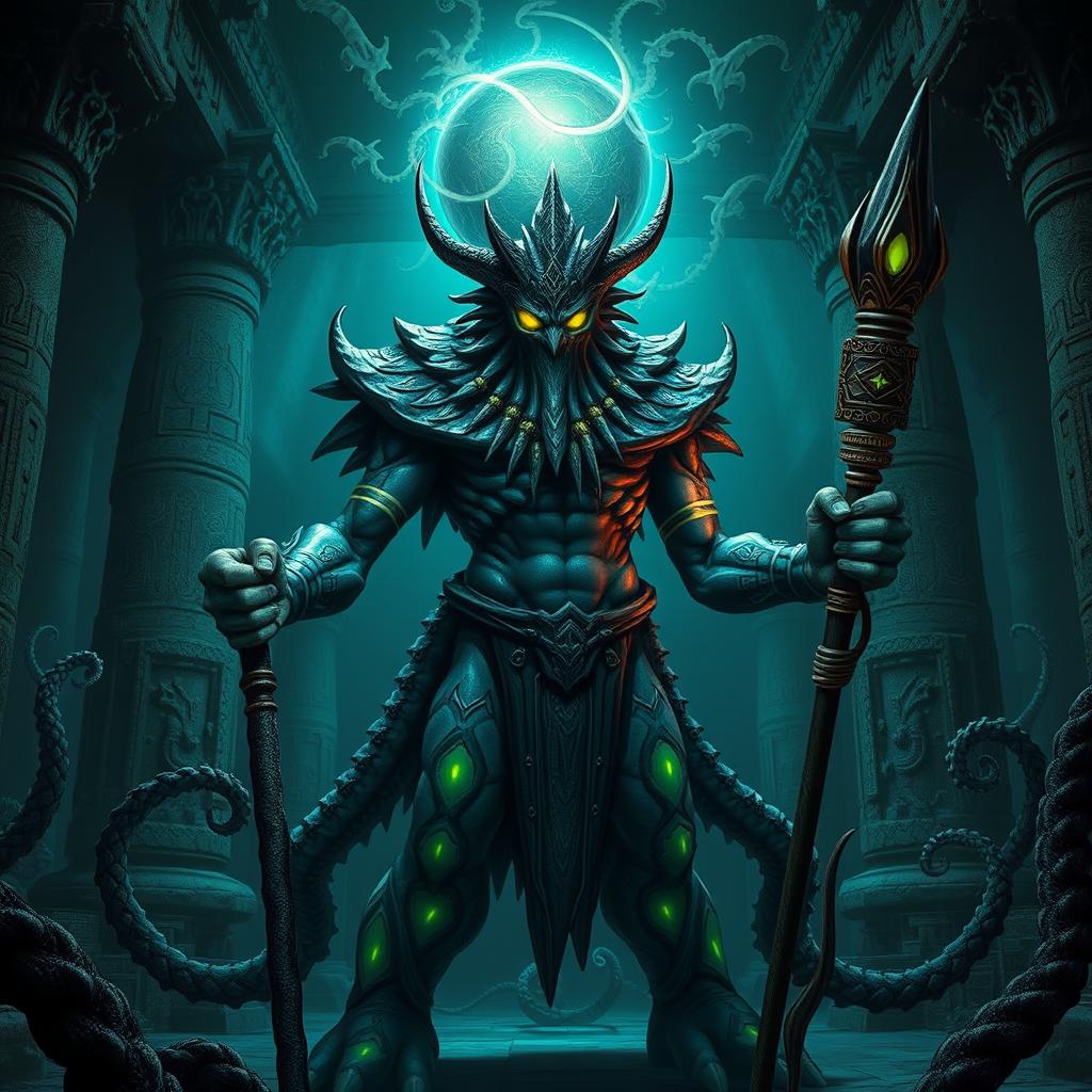 A sinister Fhenimore Kraken priest, an imposing figure with tentacle-like limbs, stands in a dark, foreboding underwater temple