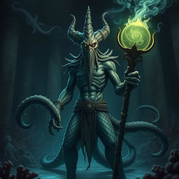 A sinister Fhenimore Kraken priest, an imposing figure with tentacle-like limbs, stands in a dark, foreboding underwater temple