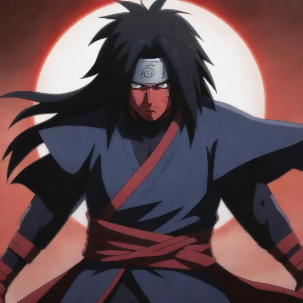 An intense image of Uchiha Madara from the anime series Naruto, in his battle-ready stance. He has his Sharingan eyes activated, hair flowing wildly, and wearing his traditional shinobi armor.