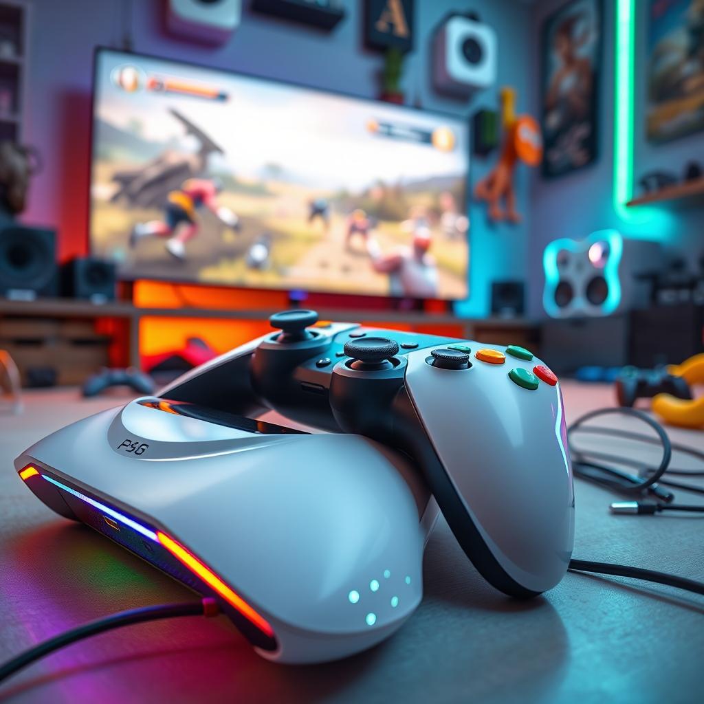 A sleek modern gaming device paired with a stylish game controller, showcased in a vibrant and detailed composition