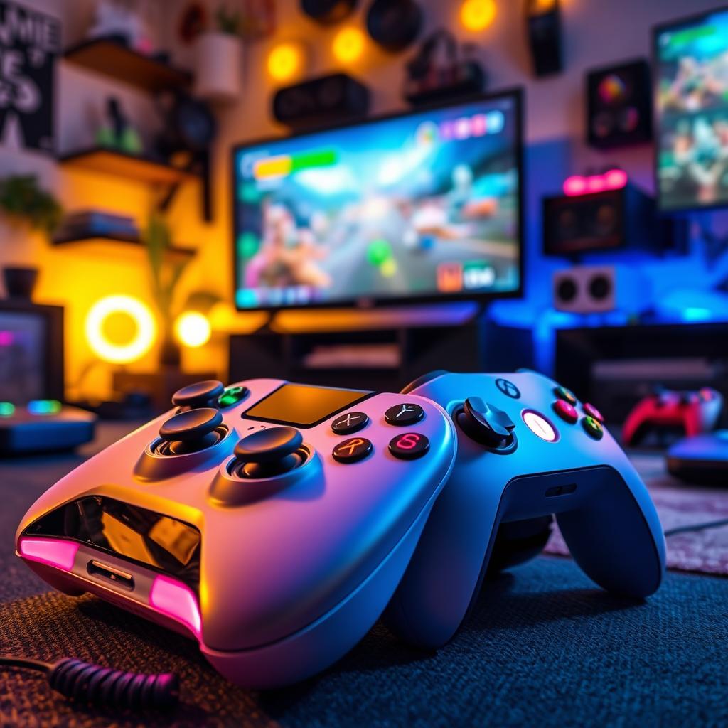 A sleek modern gaming device paired with a stylish game controller, showcased in a vibrant and detailed composition