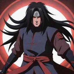 An intense image of Uchiha Madara from the anime series Naruto, in his battle-ready stance. He has his Sharingan eyes activated, hair flowing wildly, and wearing his traditional shinobi armor.