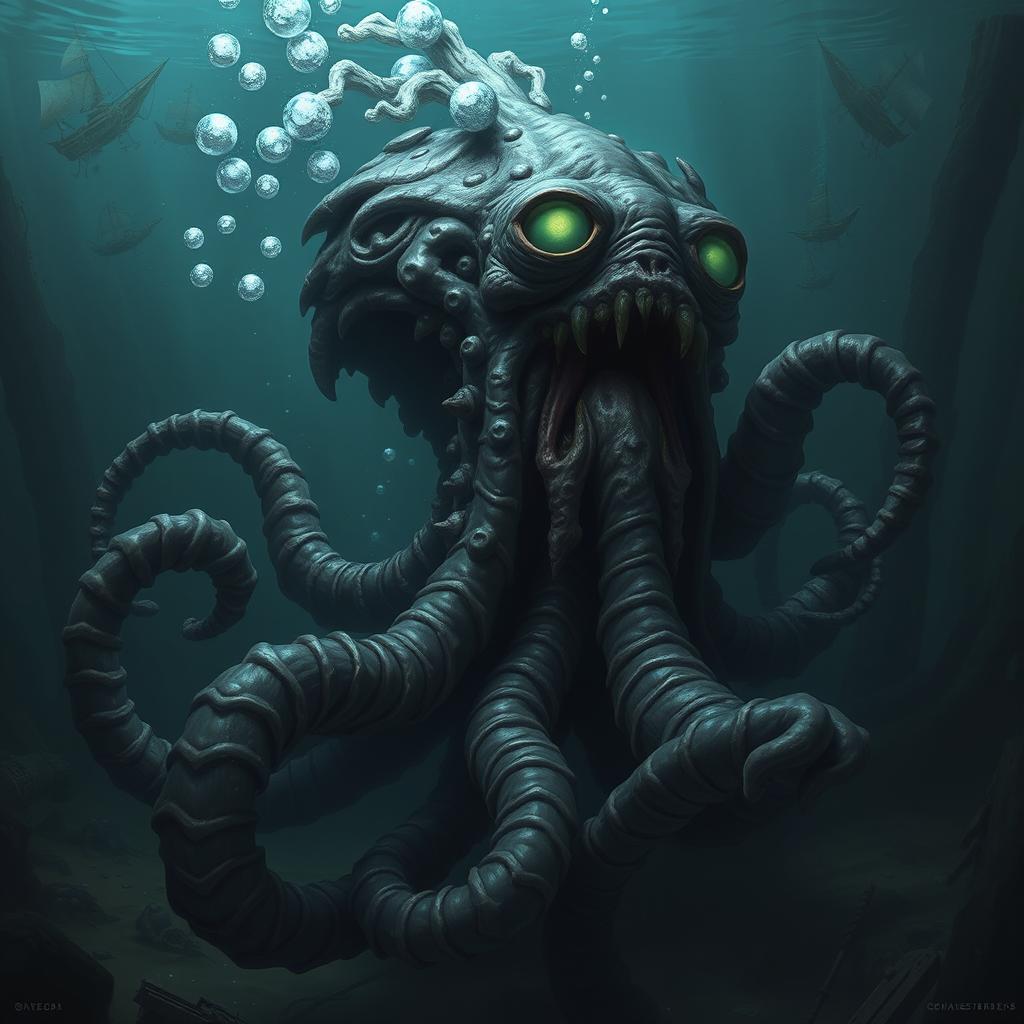 A malformed Kraken, with grotesque and twisted tentacles, lurks menacingly in the depths of an underwater abyss