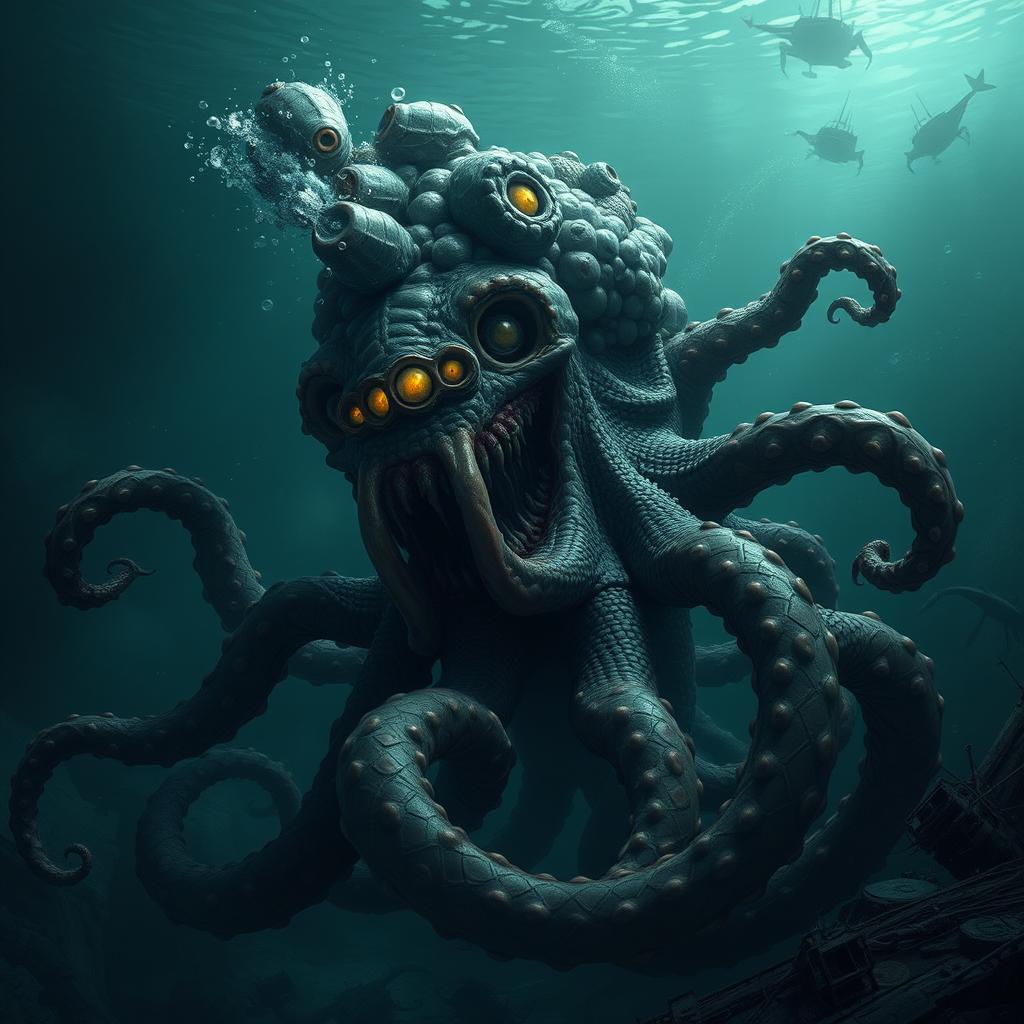 A malformed Kraken, with grotesque and twisted tentacles, lurks menacingly in the depths of an underwater abyss